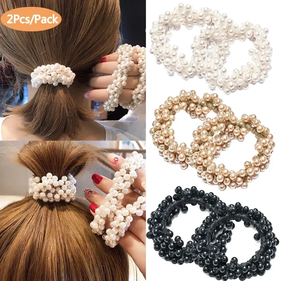 Pearl Hair Bands Women Girls Scrunchie Ponytail Holder Pearl