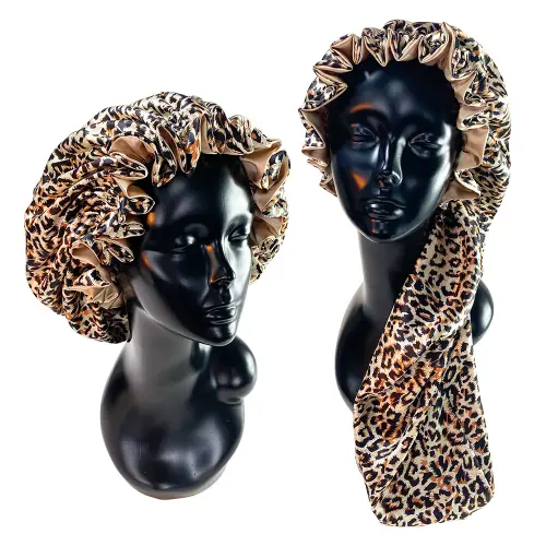 Leopard Print Double Layer Silky Bonnet Adjustable Elastic