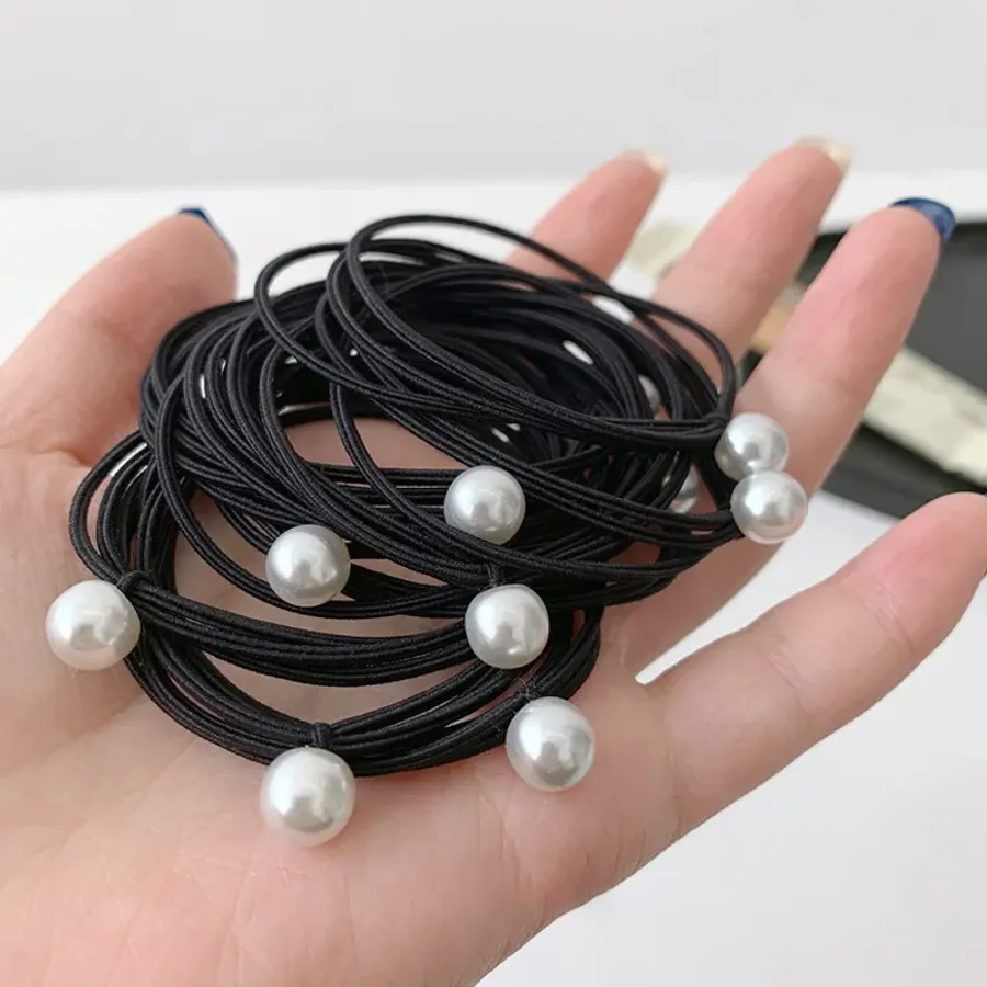 5pcs Pearl Hair Ties Girls Black High Elastic Rubber Bands