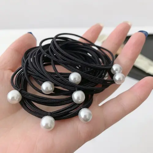 5pcs Pearl Hair Ties Girls Black High Elastic Rubber Bands