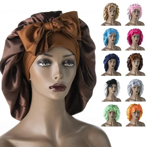 Women Satin Widened Sleep Hat Night Sleep Cap with Long