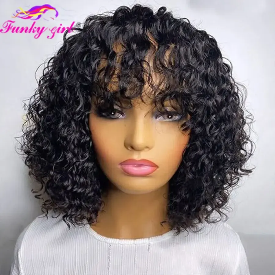 Short Curly Bob Human Hair Wig With Bangs Pixie Bob Cut Curly