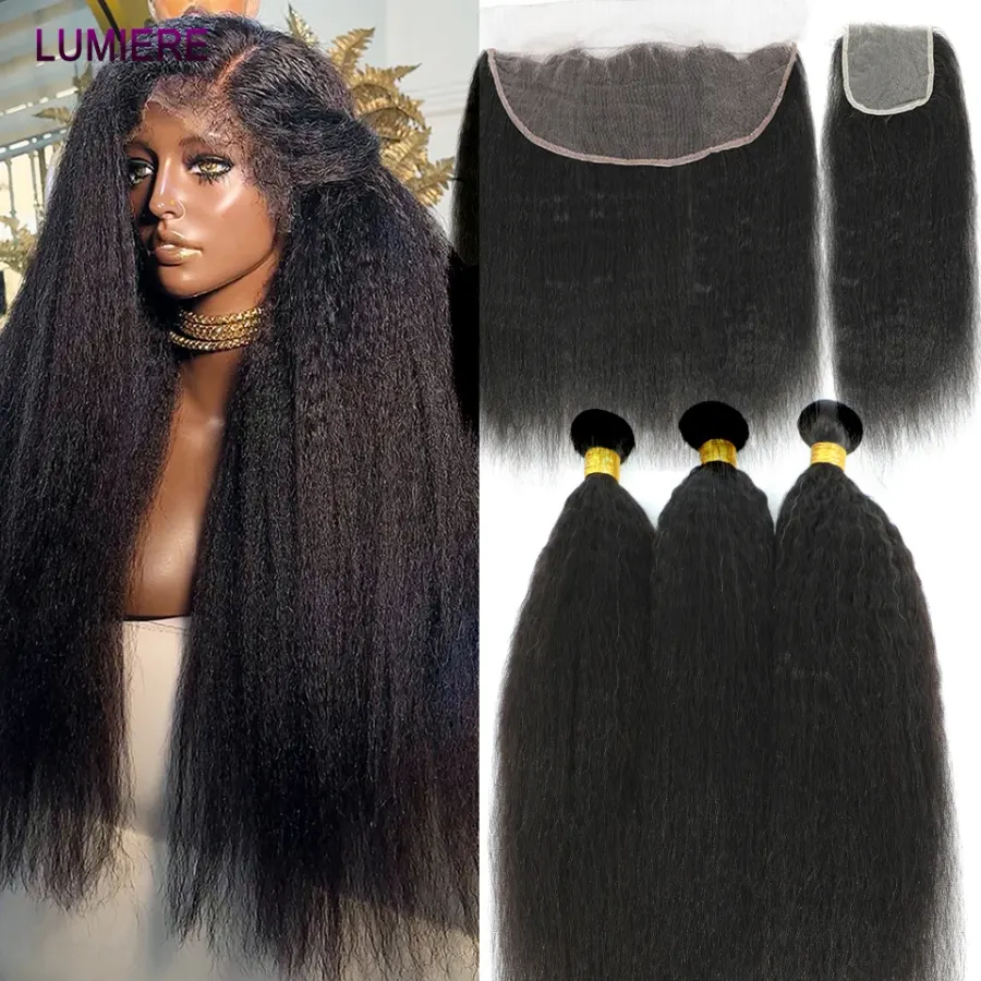 Kinky Yaki Straight Human Hair Bundles With Closure Frontal