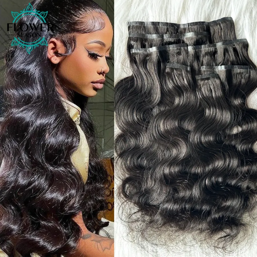 PU Clip ins Hair Extensions Human Hair Body Wave Invisible