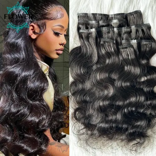 PU Clip ins Hair Extensions Human Hair Body Wave Invisible