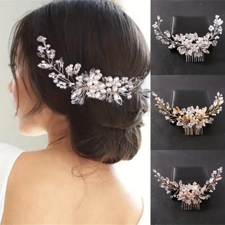 Crystal Rhinestone Flower Pearl Hair Comb Bridal Headband