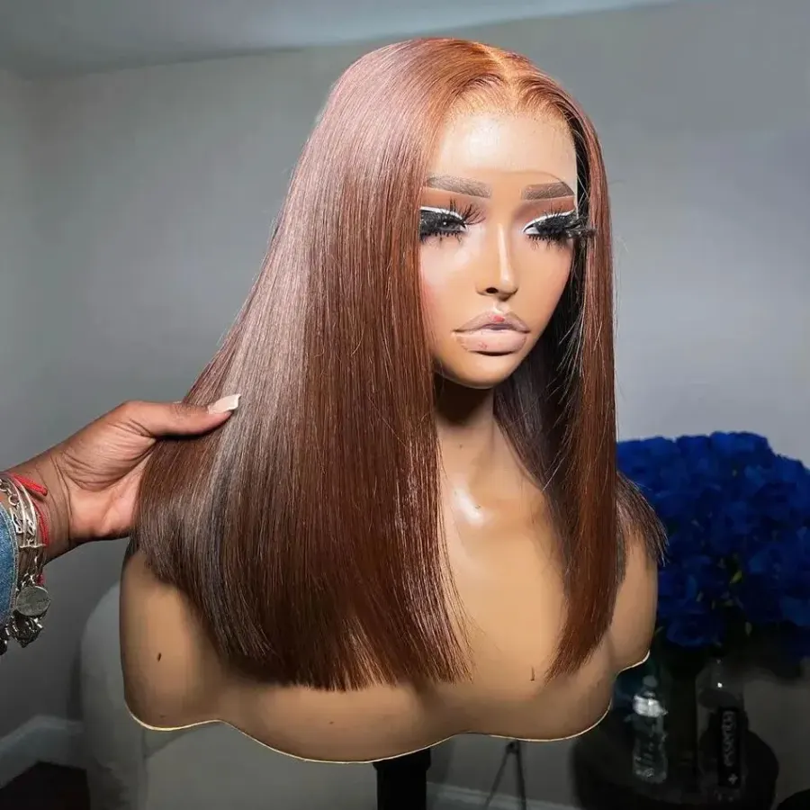 13x4 Lace Front Wig Bob Human Hair Brown Straight 180% Full