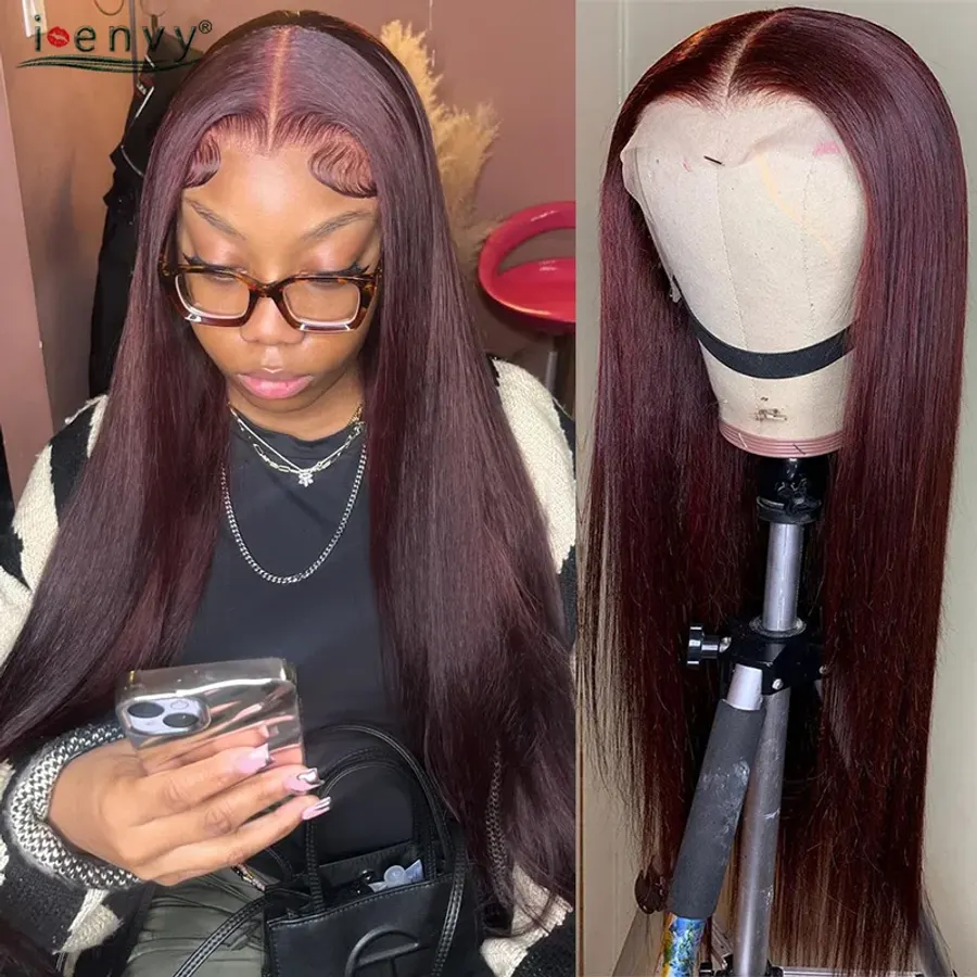 Burgundy 13X6 Hd Lace Frontal Human Hair Wig Straight Red