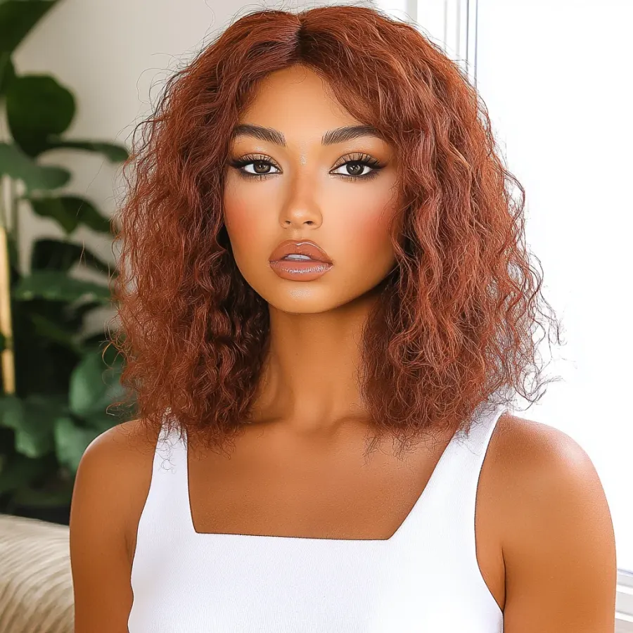 Big Fluffy Brown Mixed Blonde Glueless Bob Curly Wig With