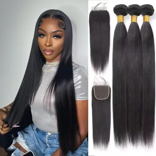 Straight Bundles and Closure Brazilian Human Hair 3 Bundles