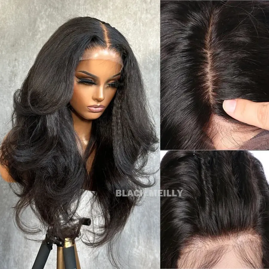 Human Hair Yaki Wigs Pre Plucked Yaki Wavy Silk Base Full
