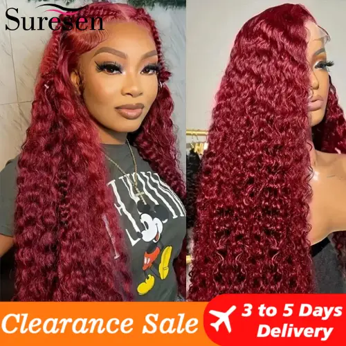 Burgudny Red Kinky Curly Human Hair Wigs Deep Wave 13x4 HD