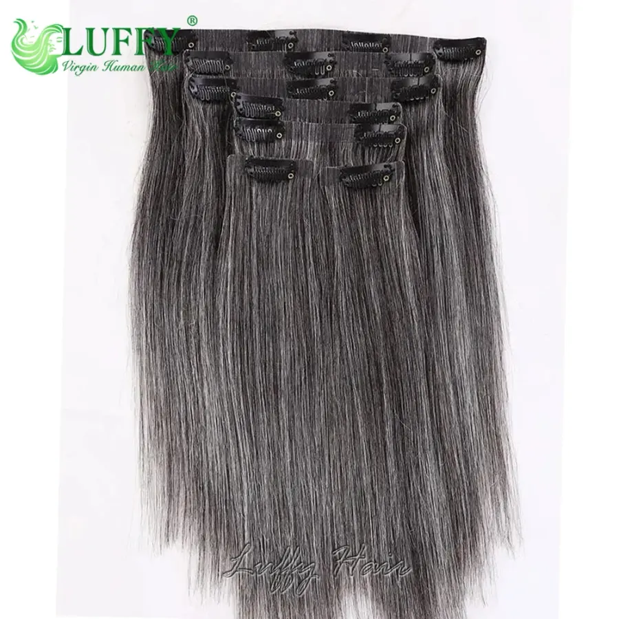 Salt Pepper Seamless PU Clip In Hair Extensions Straight