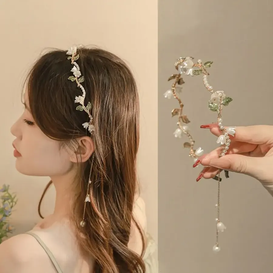 Elegant Pearl Flower Headband Alloy Wave Pearl Hair Hoop