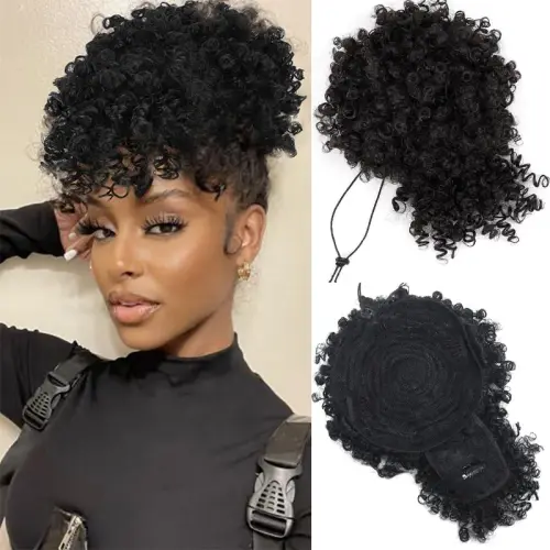 Afro Puff Kinky Curly Hair Updo Ponytail Extension with Bangs