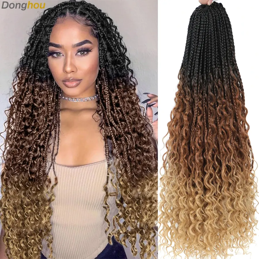 14 18 24 Inch Boho Box Braids Crochet Braids Curly Ends 1B 30