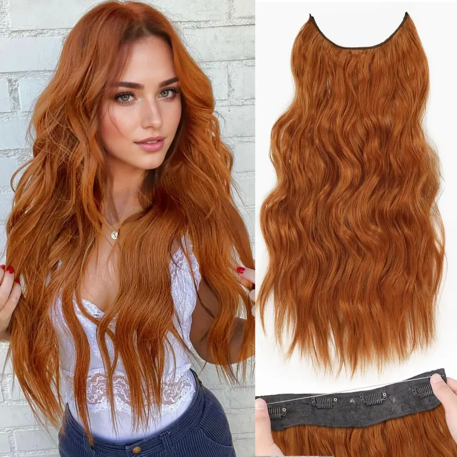 Synthetic Invisible Wire Hair Extensions Long 4 Clips In Wave