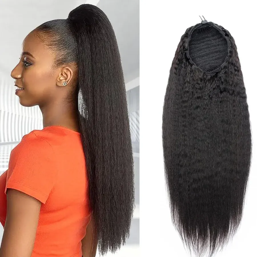 Kinky Straight Ponytail Human Hair Extension 100% Real Hair