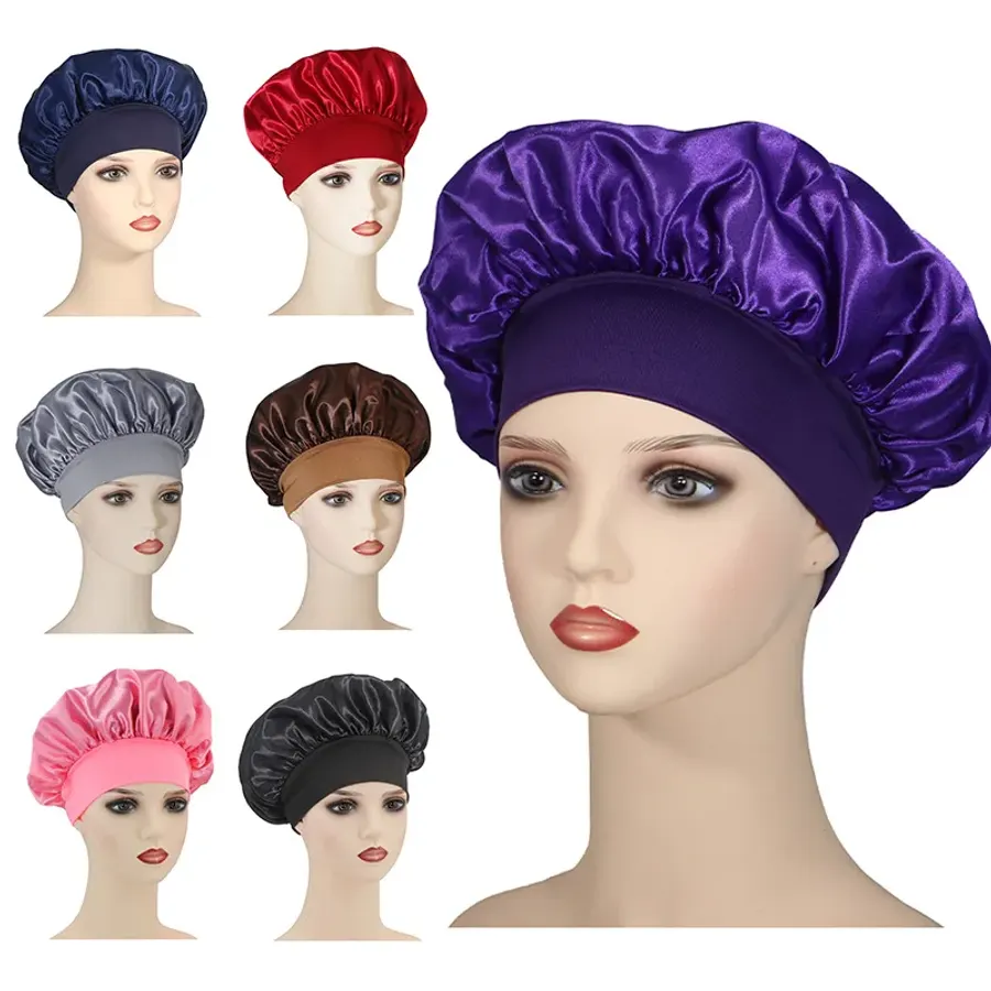 Women Satin Head Wrap Elastic Band Cap Night Hat Shower Caps