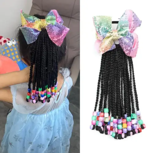 Kids Hair Accessories Braided Ponytail Extension With Beads