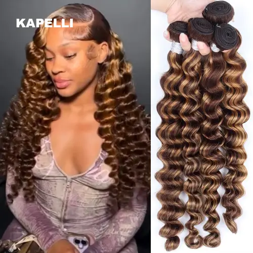 P427 Loose Deep Wave Bundles Human Hair Highlight Honey Brown