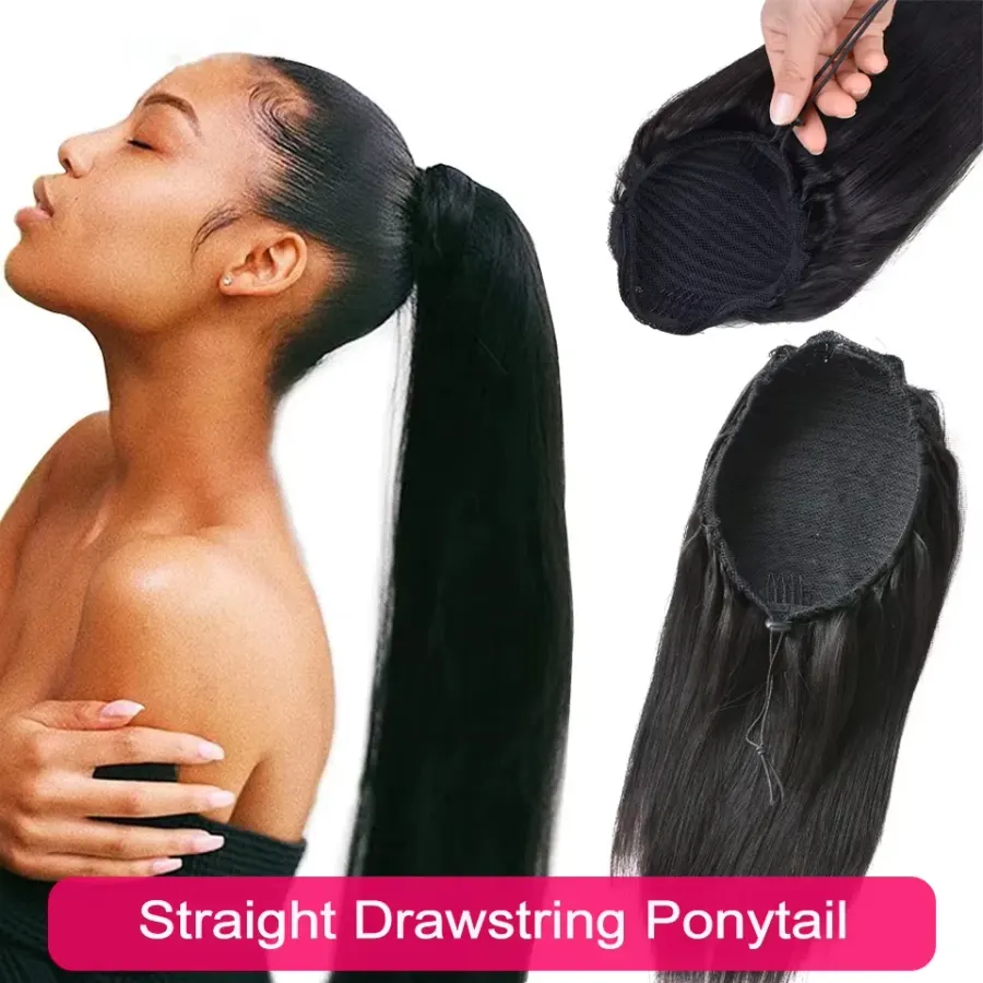 Drawstring Ponytail Human Hair Natural Silky Straight
