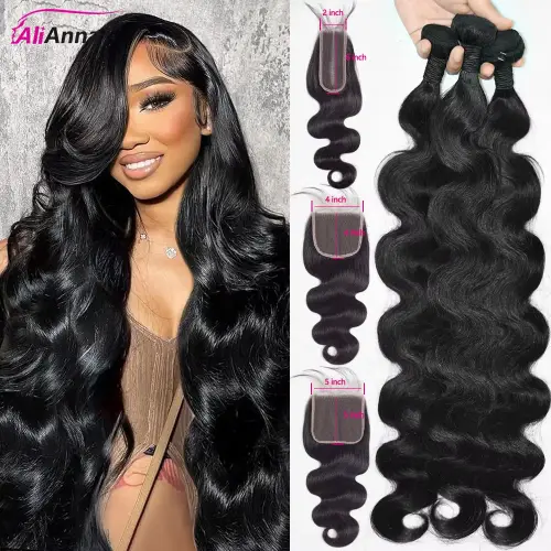 Body Wave Human Hair Bundles With A Closure 2x6 HD Lace