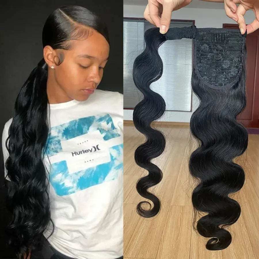 Ponytail Human Hair Wrap Around 8-26 Long Body Wave Virgin
