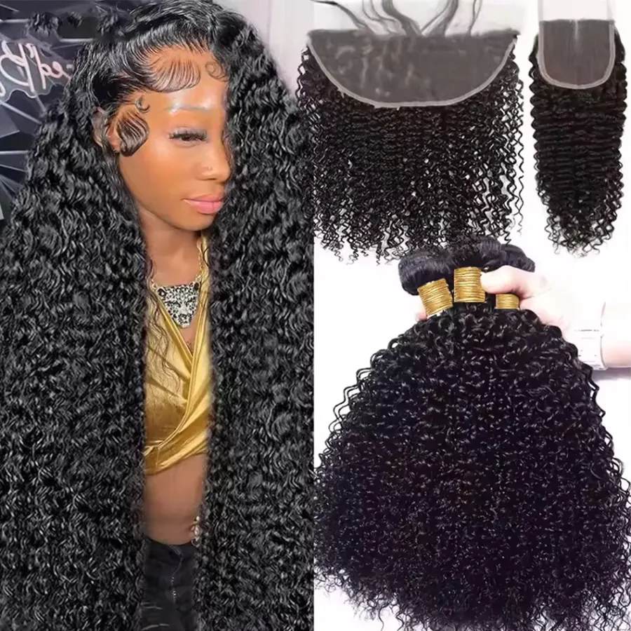 Kinky Curly Human Hair Bundles With 13X4 Frontal Closure Deep