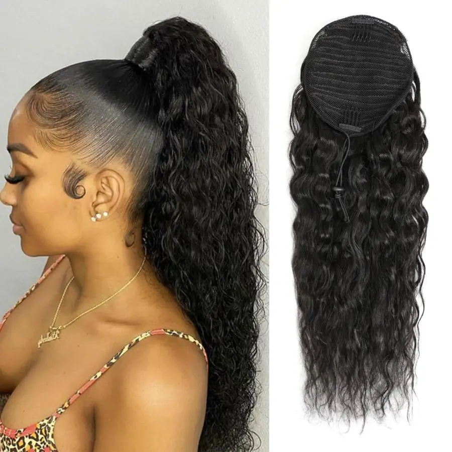 Curly Human Hair Drawstring Ponytail Extension Water Wave