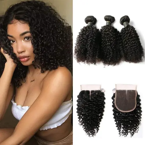 15A Kinky Curly Human Hair 3 Bundles With Closure Brazilian