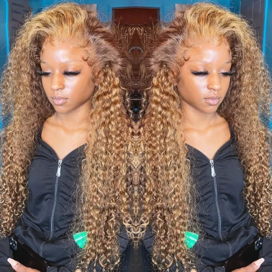 Deep Wave 4/27 Honey Blonde 30 40 Inch Lace Front Wig Human