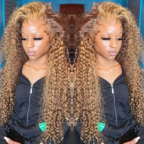 Deep Wave 4/27 Honey Blonde 30 40 Inch Lace Front Wig Human