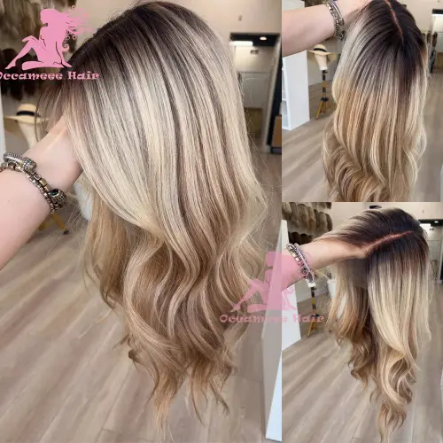 Lace Front Human Hair Wig Body Wave Ombre Ash Brown Blonde