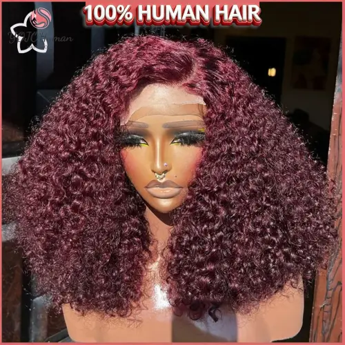 Burgundy Red #99J Curly 13x4 HD Lace Front Wig Short Bob Wigs