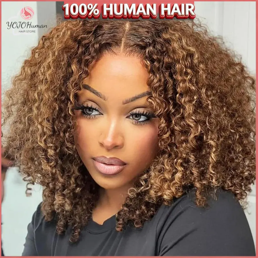 Curly Short Bob Wig Highlight 4/27 Honey Blonde 100% Human