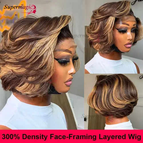 Honey Blonde Highlight Straight Glueless Wigs Human Hair