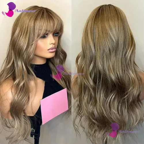 Honey Blonde Fringe Human Hair Wigs Body Wave Glueless
