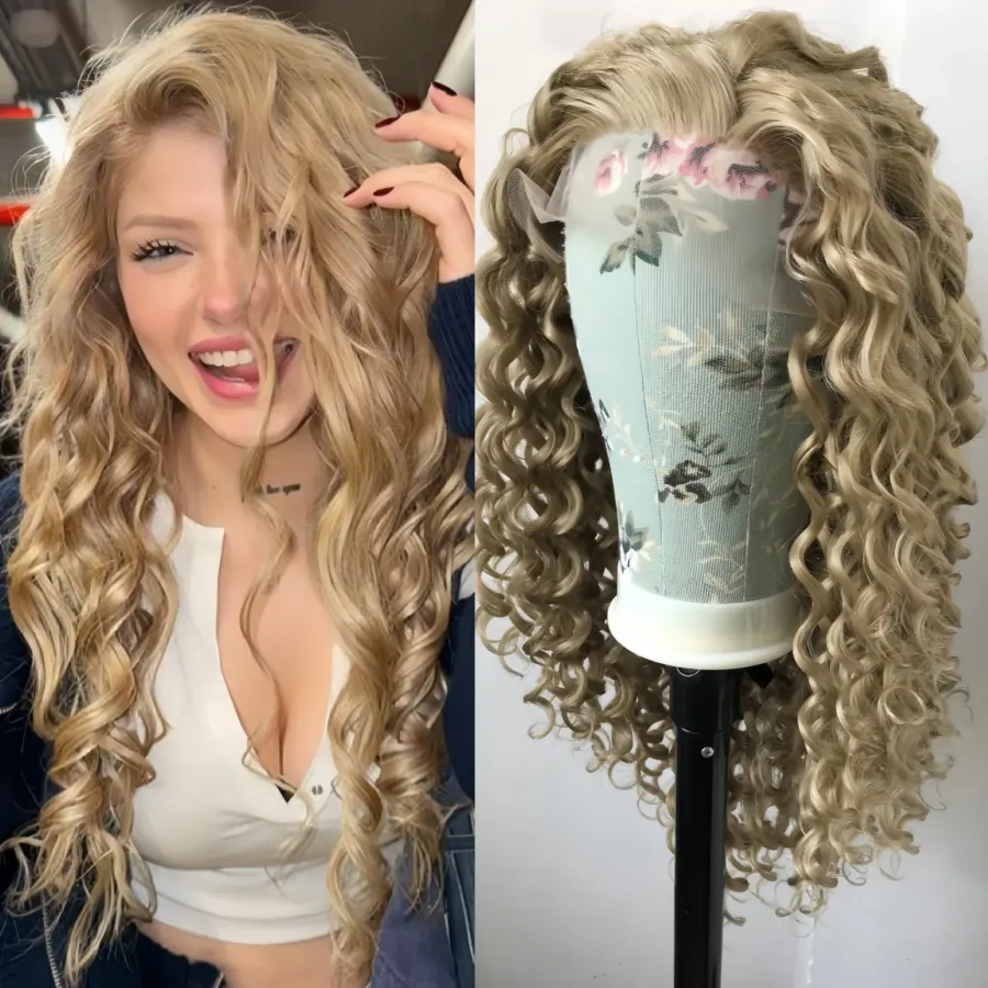 Loose Curly Synthetic Lace Front Wigs Ash Blonde Wig Glueless