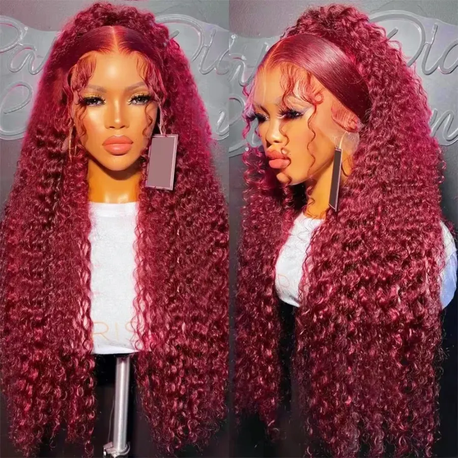 100% Human Hair Deep Wave 99J Burgundy Lace Frontal Wig 13x6