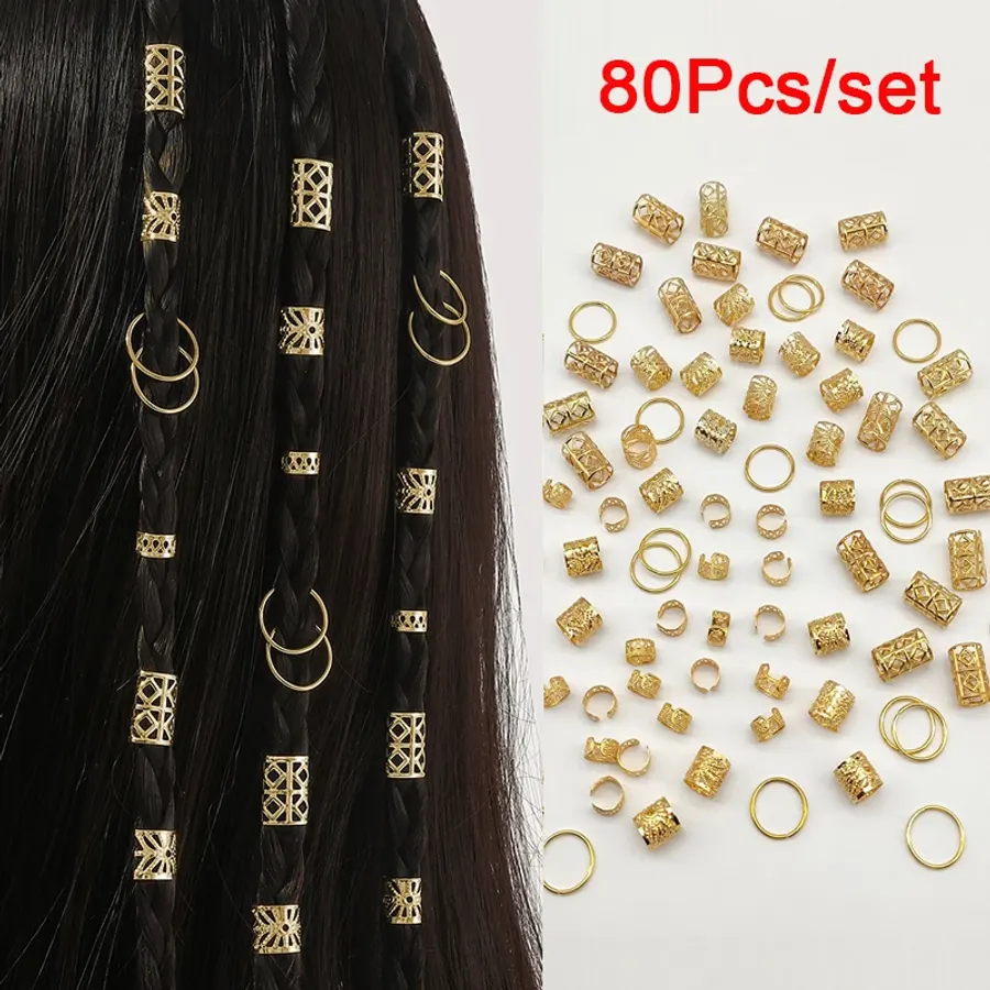 80pcs Hair Braiding Metal Cuffs DIY Hollow Out Hair Ring