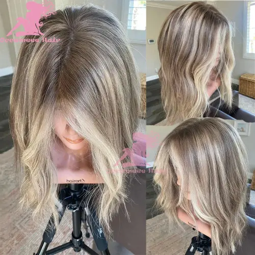Human Hair Lace Frontal Wig Ombre Blonde Highlights Natural