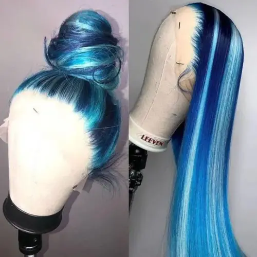 13x4 Glueless Blue Long Straight Synthetic Lace Front Wig Pre
