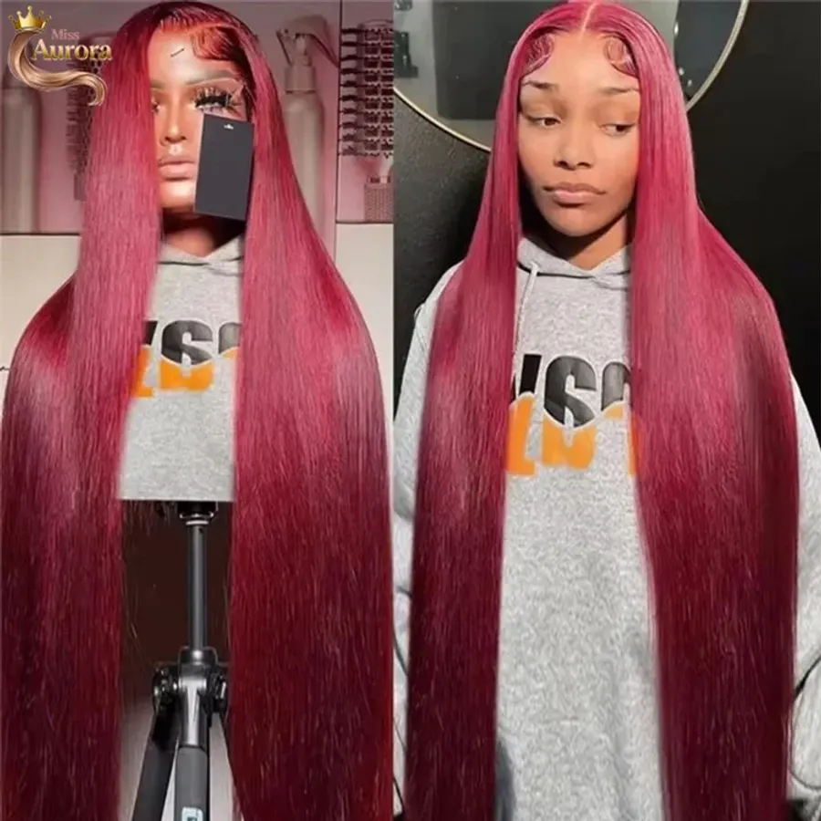 13x6 HD Lace Front Human Hair Wigs 30 Inch Burgundy Red Lace