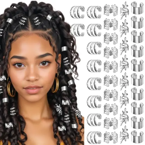 40Pcs Silver Hair Ring Jewelry for Braids Metal Adjustable