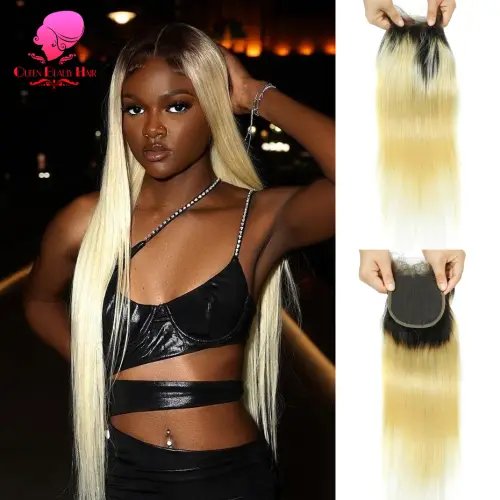 4x4 Lace Closure Ombre Blonde 1B 613 Dark Roots Human Hair
