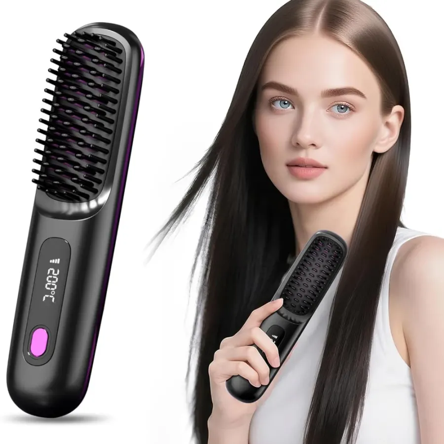 Hair Straightener Brush with LCD Display Cordless USB
