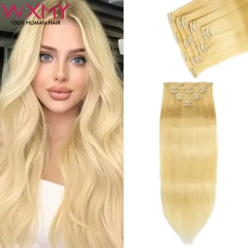 Blonde Straight Hair PU Clip In Hair Extension Human Hair