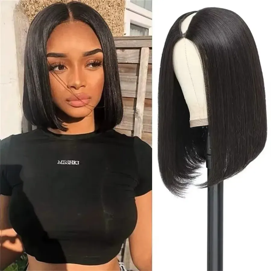 V Part Wig Human Hair Short Bob Straight Glueless Brazilian