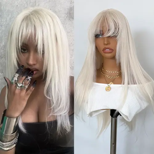 Platinum Blonde Layered Cut Wig with Bangs Long Silky